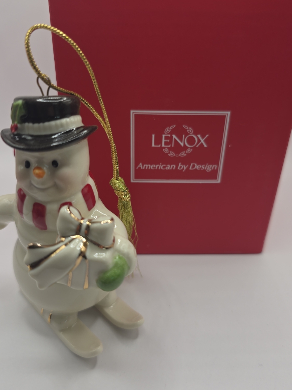 Lenox White Snowman Ornament with Black Hat, Red Scarf and Gold Trim
